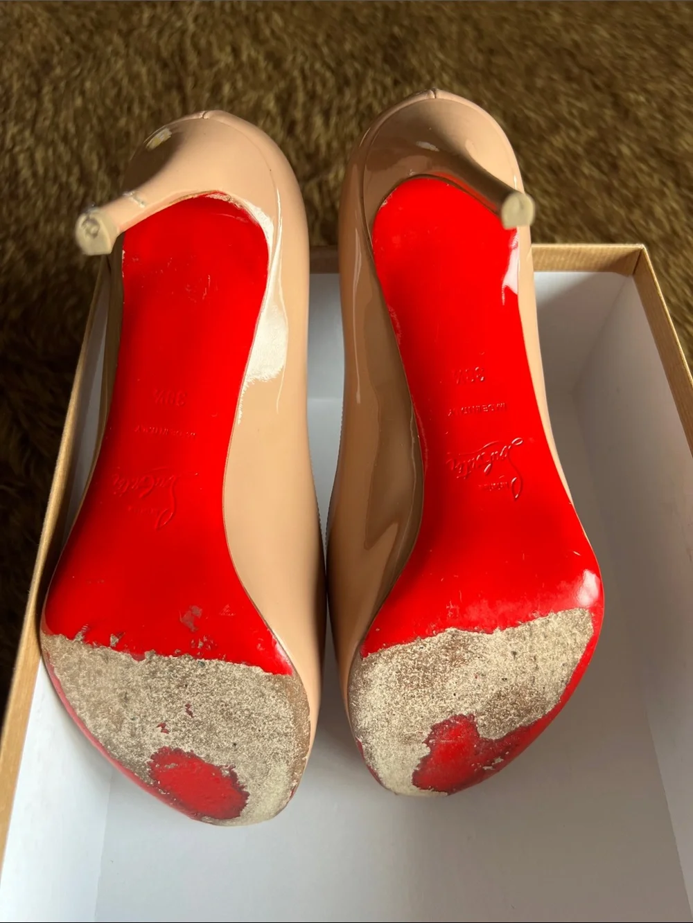 Christian Louboutin Nude Patent Peep-Toe Pumps with Signature Red Sole